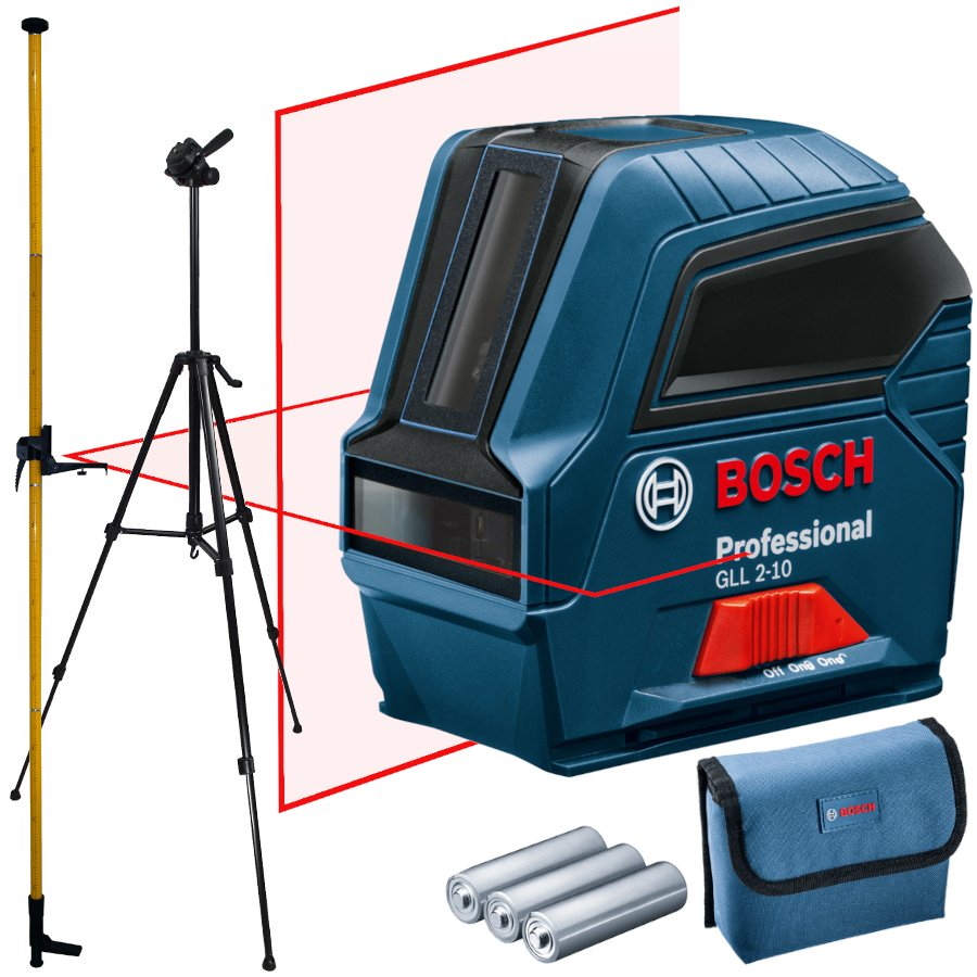 BOSCH GLL 2-10 Laser krzyżowy czerwony 10m + Statyw W260 + tyczka GT-360 (