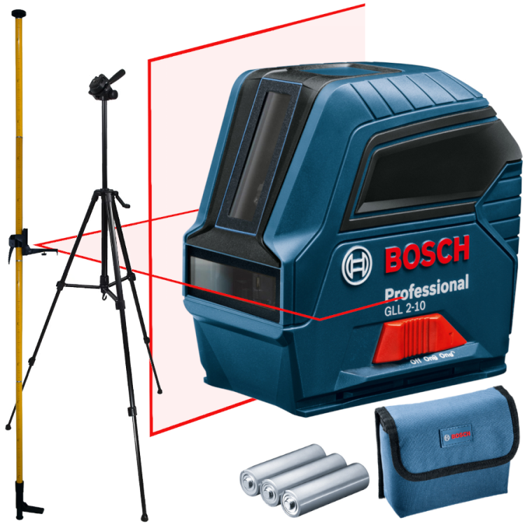 BOSCH GLL 2-10 Laser krzyżowy czerwony 10m + Statyw W260 + tyczka GT-360 (
