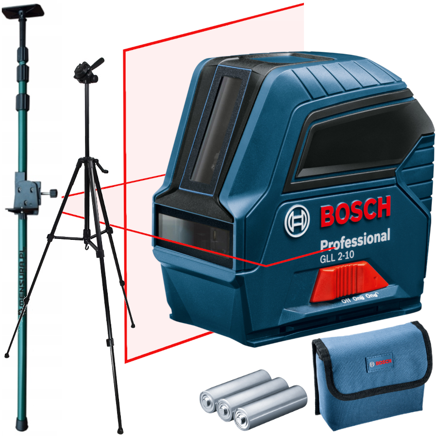BOSCH GLL 2-10 Laser krzyżowy czerwony 10m + tyczka GT-320 + Statyw W260