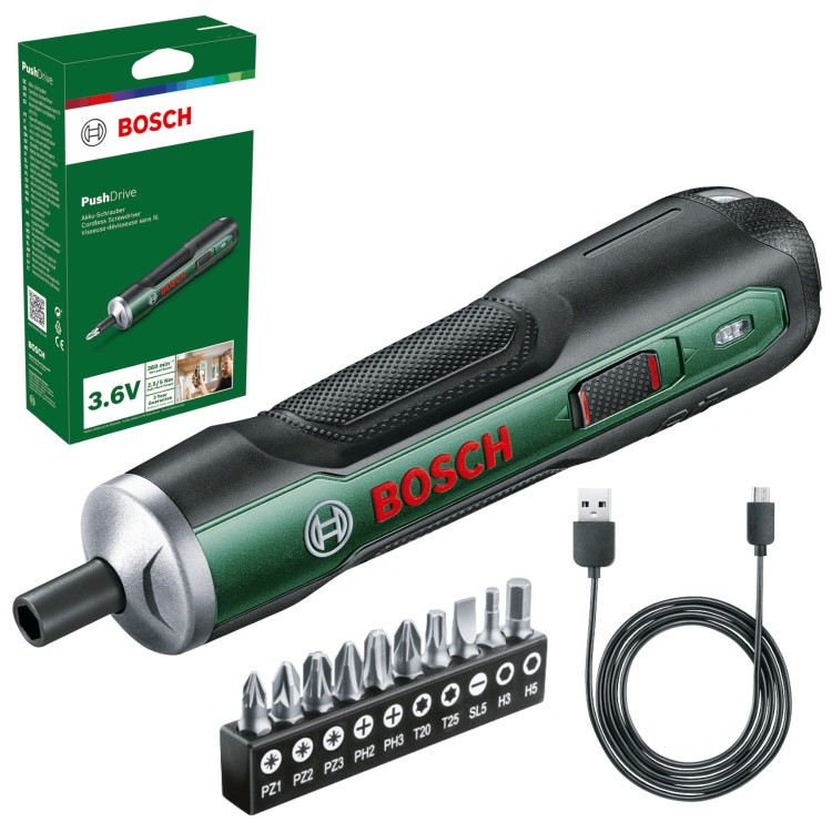 Wkrętak akumulatorowy PUSHDRIVE 3,6V + zestaw bitów BOSCH 06039C6002