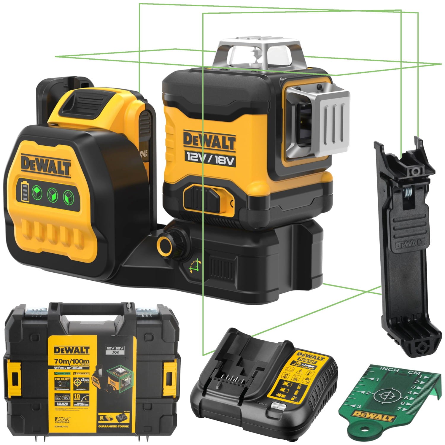 DeWALT DCE089D1G18 Laser krzyżowy zielony 3 x 360° 12V / 18V 2.0Ah