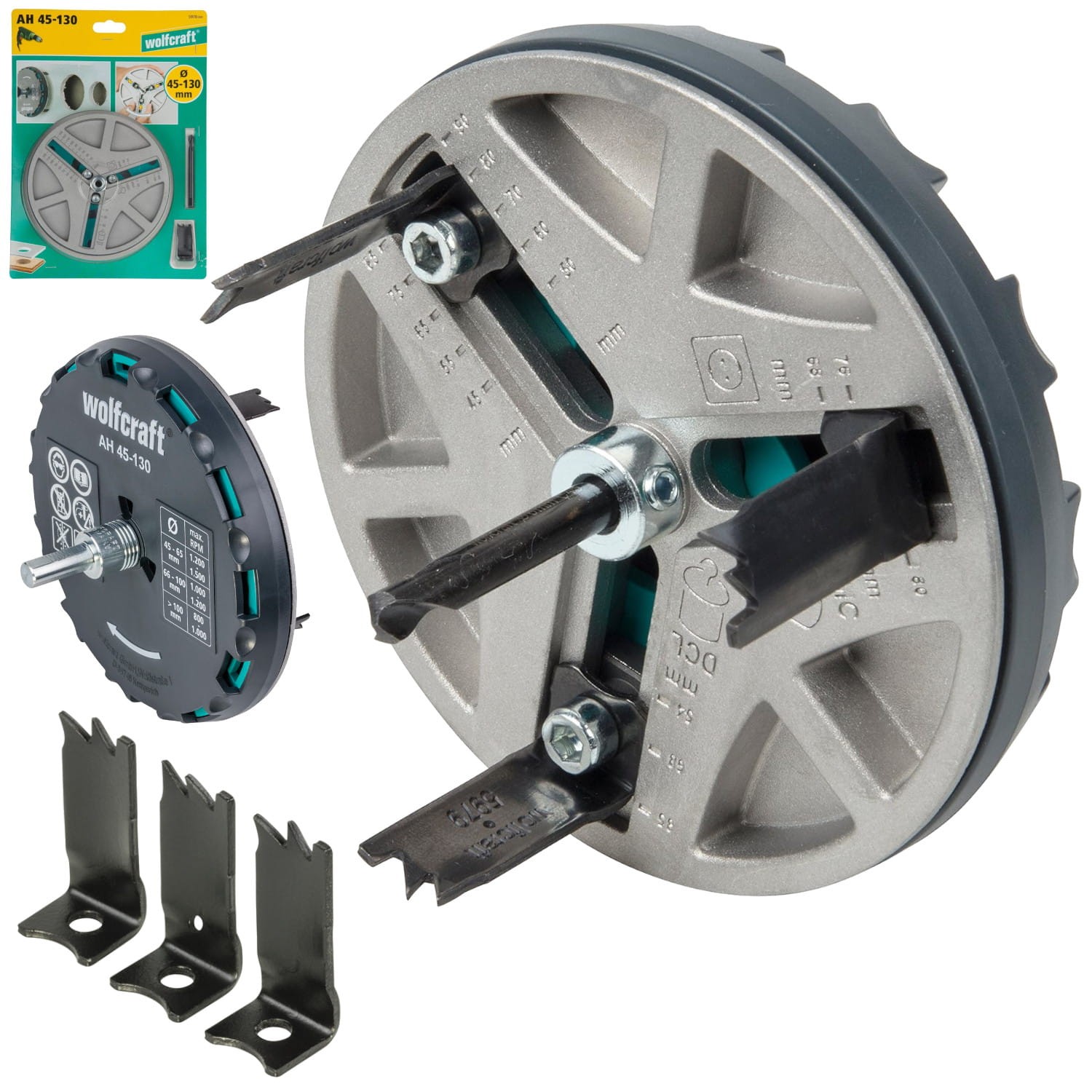 Otwornica regulowana do płyt GK OSB Ø45-130mm Wolfcraft 5978000 + ostrza 3szt