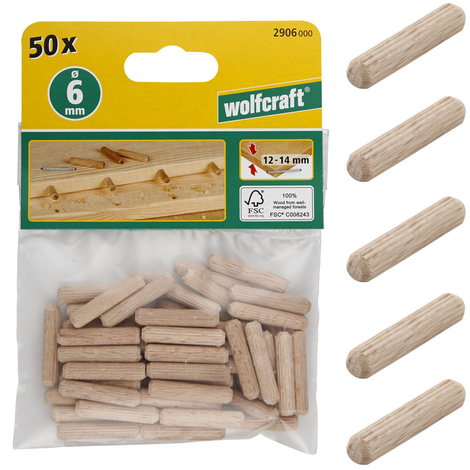 WOLFCRAFT 2906000 Kołki drewniane do mebli 6 x 30 mm 50 sztuk