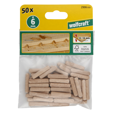 WOLFCRAFT Kołki drewniane 6 mm do mebli połączeniowe 50 szt bukowe 2906000