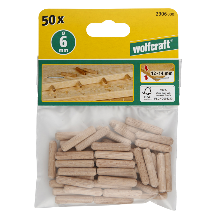 WOLFCRAFT Kołki drewniane 6 mm do mebli połączeniowe 50 szt bukowe 2906000