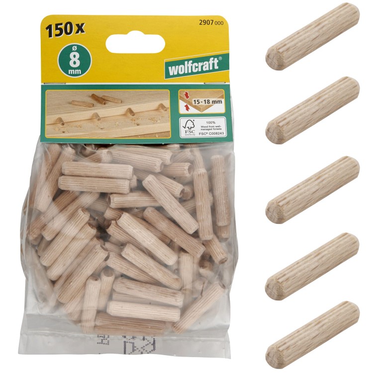 WOLFCRAFT 2907000 Kołki drewniane do mebli 8 x 40 mm 150 sztuk