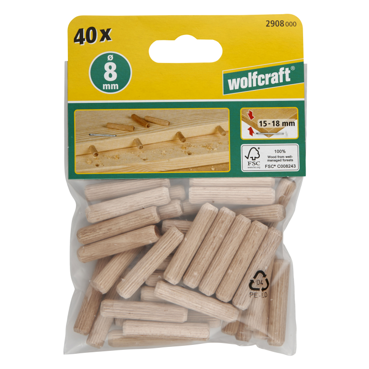 WOLFCRAFT Kołki drewniane do mebli montażowe 8 mm 40 szt łącznik 2908000