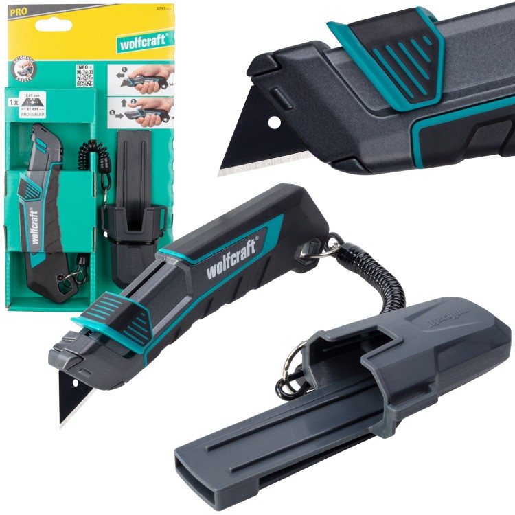 WOLFCRAFT 4292000 Nóż z ostrzem trapezowym PRO SAFETY z futerałem