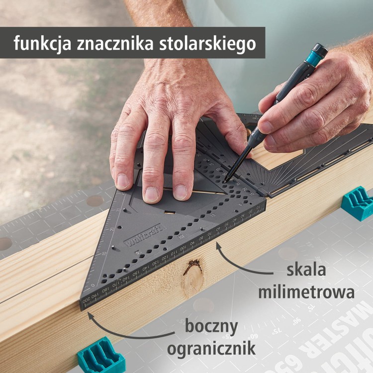 Wolfcraft 5219000 Kątownik 3D PRO VARIO zastosowanie deska
