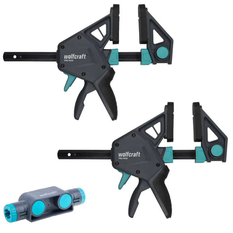 WOLFCRAFT 2x Ścisk stolarski jednoręczny 150 mm PRO MAX + Adapter łącznik