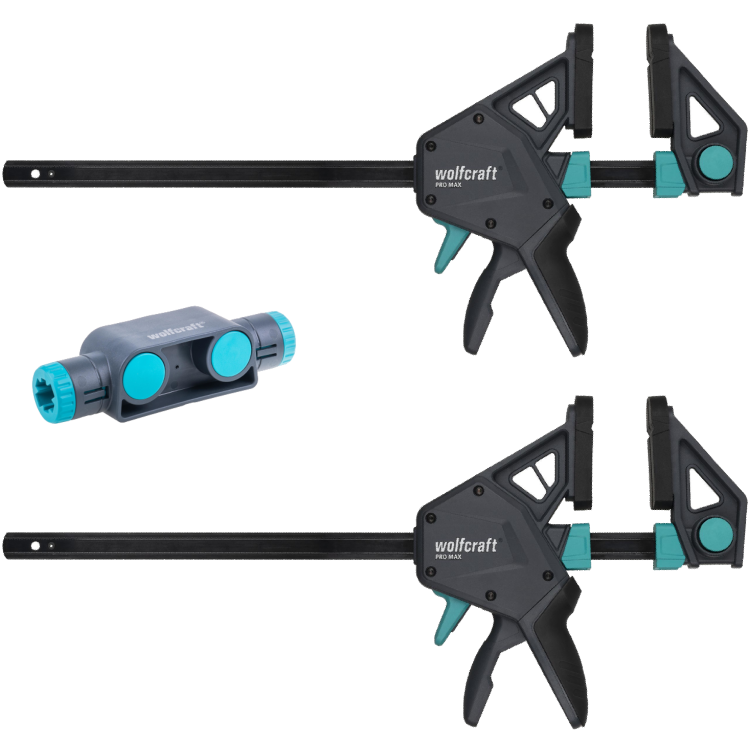 WOLFCRAFT 2x Ścisk stolarski jednoręczny 300 mm PRO MAX + Adapter łącznik