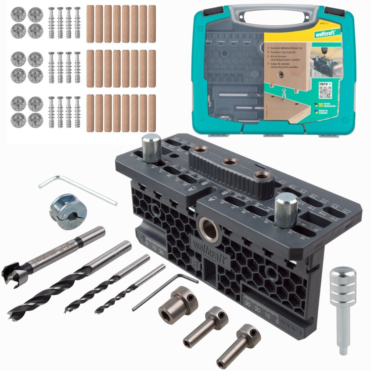 Zestaw mimośrodowych złączy meblowych typu IKEA wiertła w walizce WOLFCRAFT 4665000