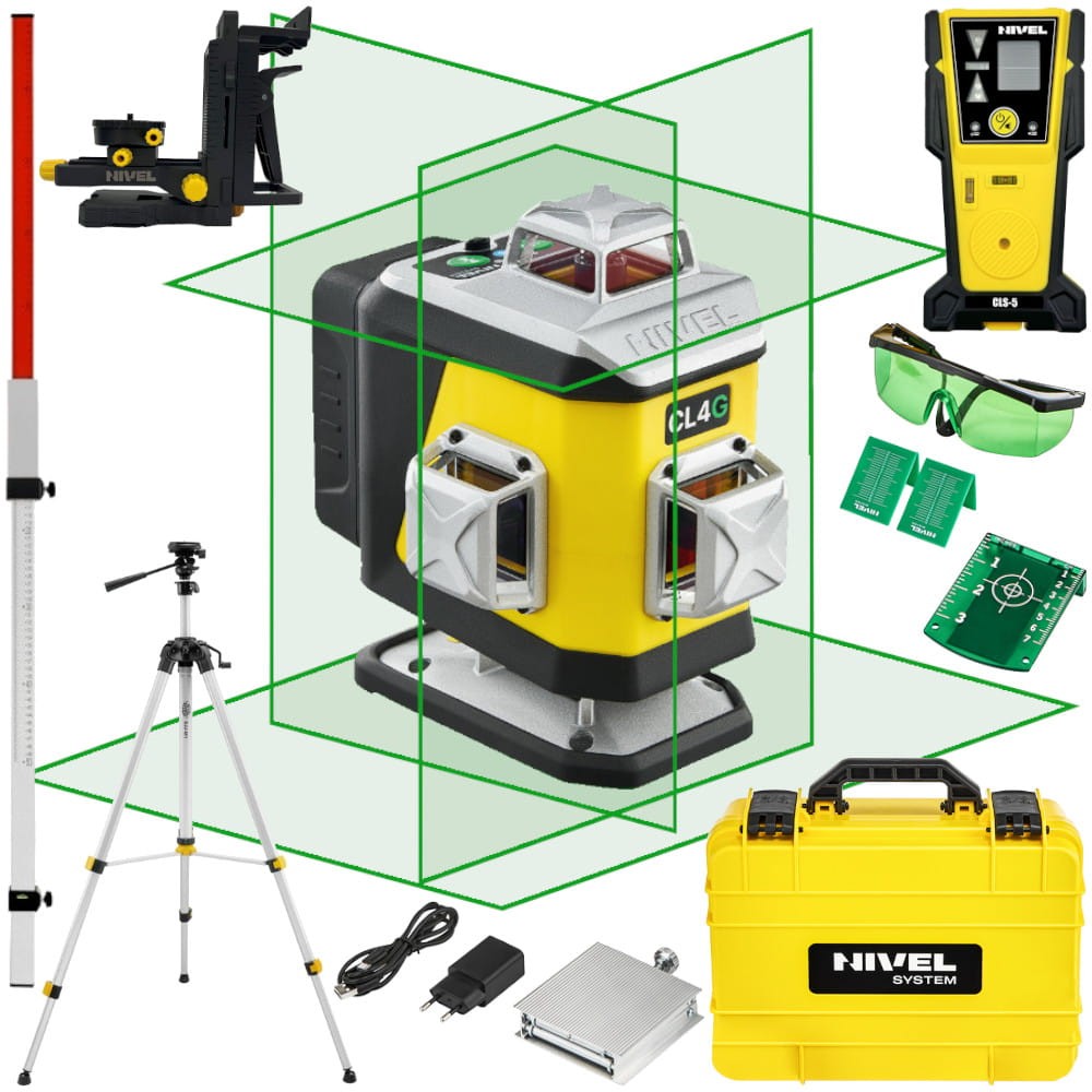 NIVEL SYSTEM Laser krzyżowy zielony CL4G + Czujnik CLS-5 + Łata + Statyw