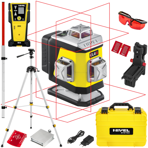 Laser krzyżowy czerwony 4x360° 30m Nivel System CL4R + Statyw Czujnik Łata