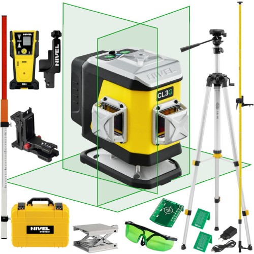 NIVEL SYSTEM CL3G Laser krzyżowy wiązka zielona 30m + akcesoria + statyw + tyczka + czujnik + łata