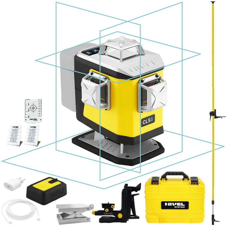 Laser krzyżowy 4x 360° wiązka niebieska z spadkami Nivel System CL5B + tyczka GT-360
