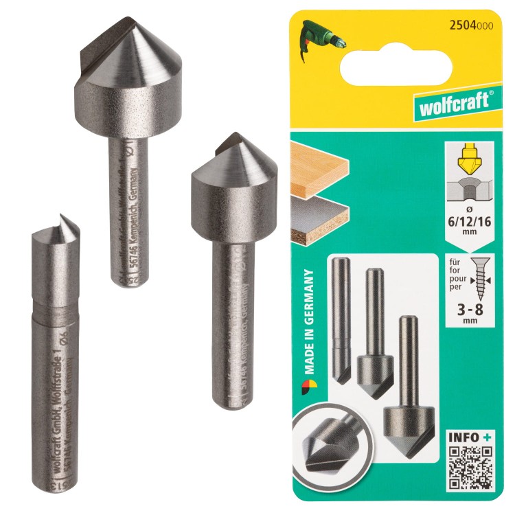 WOLFCRAFT 2504000 Zestaw pogłębiaczy fazowników do drewna i metalu 3 sztuki