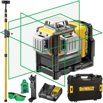 Laser samopoziomujący 3x360 akc walizka DeWALT DCE089D1G + tyczka 320cm