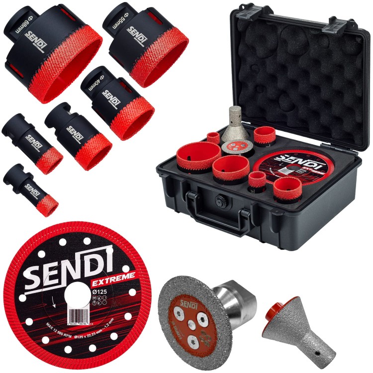 SENDI EXTREME Zestaw otwornic 20-68mm 6szt. + frez stożkowy + tarcza do podcinania + tarcza diamentowa