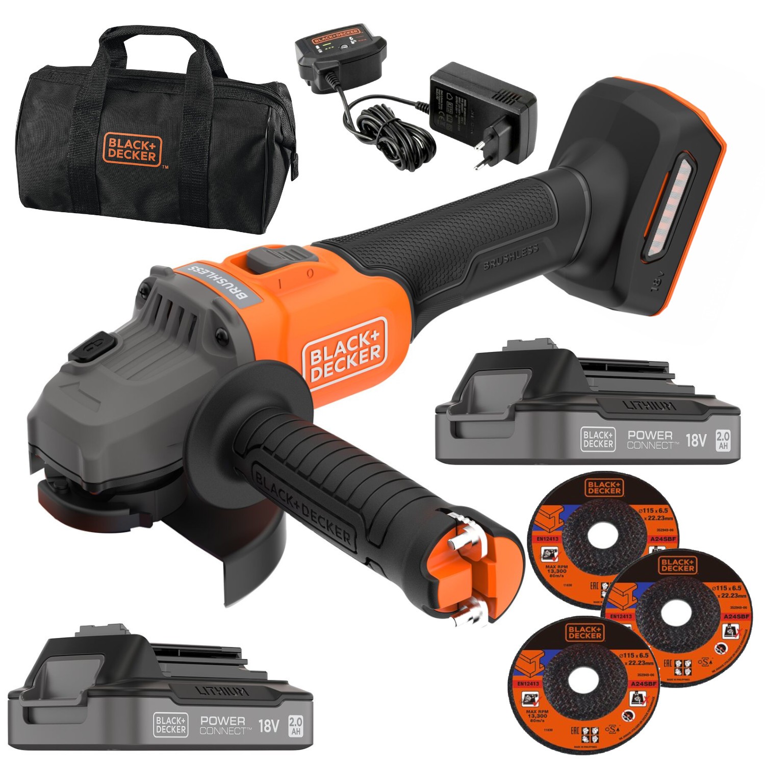 Szlifierka kątowa 115mm 18V 2x2Ah tarcza torba BLACK DECKER BCG6L8D2S