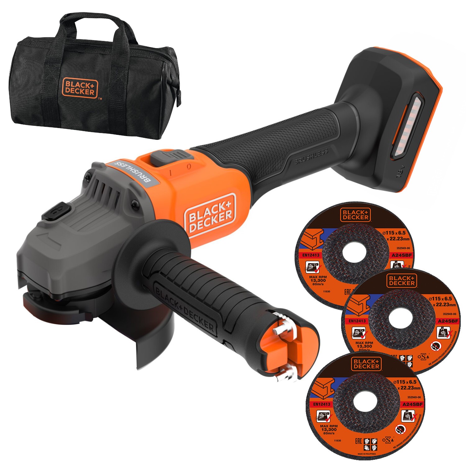 Szlifierka kątowa 115mm 18V 3x tarcza torba body BLACK DECKER BCG6L8N