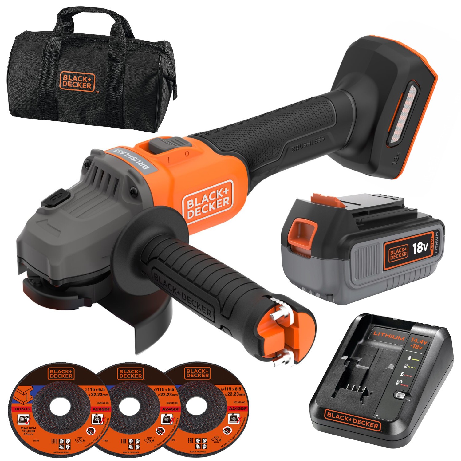 Szlifierka kątowa 115mm 18V 3x tarcza torba BLACK DECKER BCG6L8N + aku 4Ah + ład.