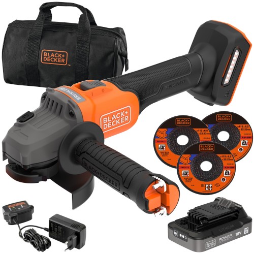 Szlifierka kątowa 115mm 18V 2,0Ah 3x tarcza, torba Black Decker BCG6L8
