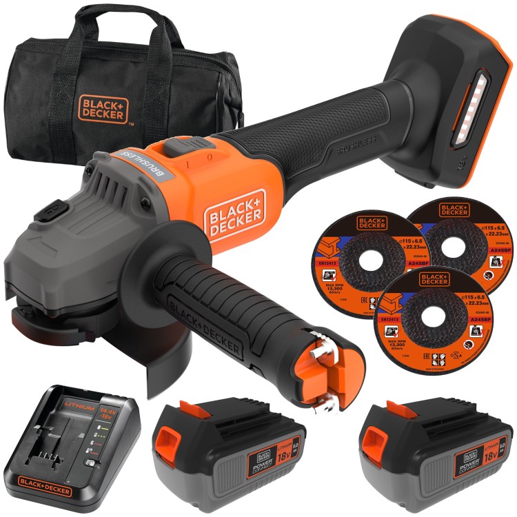 Szlifierka kątowa 115mm 18V 2x 5,0Ah 3x tarcza, torba Black Decker BCG6L8