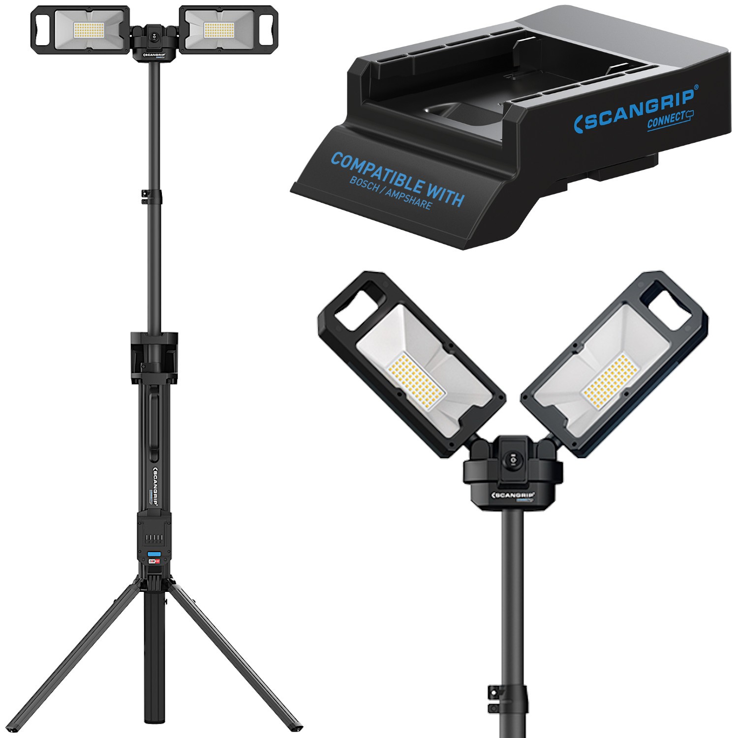 SCANGRIP Lampa budowlana 5000lm ze zintegrowanym statywem TOWER 5 CONNECT + Adapter do akumulatorów Bosch