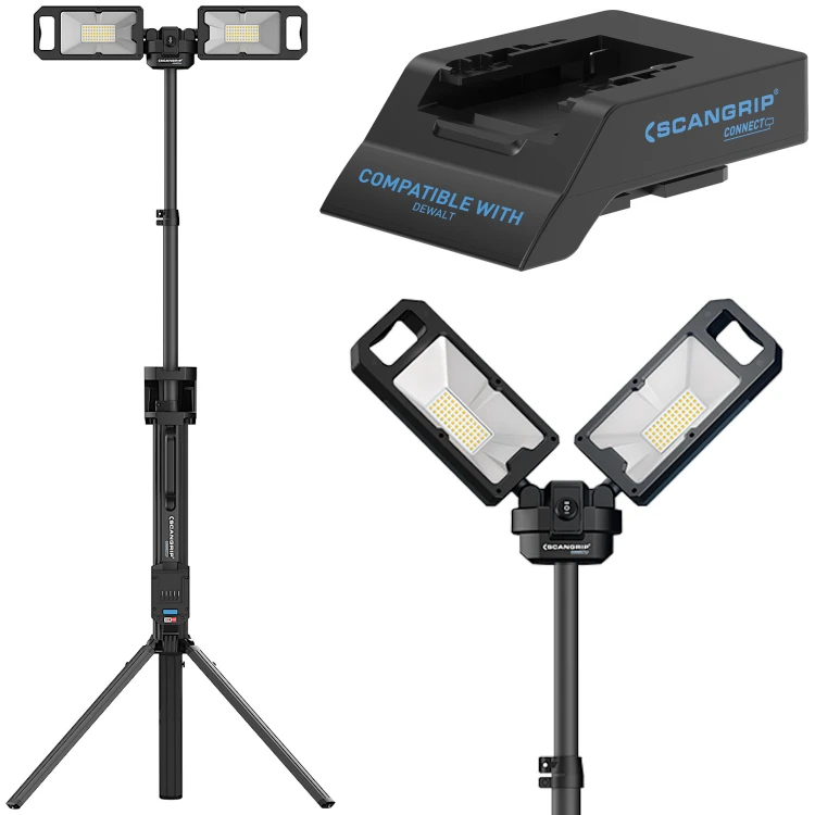 SCANGRIP Lampa budowlana 5000lm ze zintegrowanym statywem TOWER 5 CONNECT + Adapter do akumulatorów Dewalt