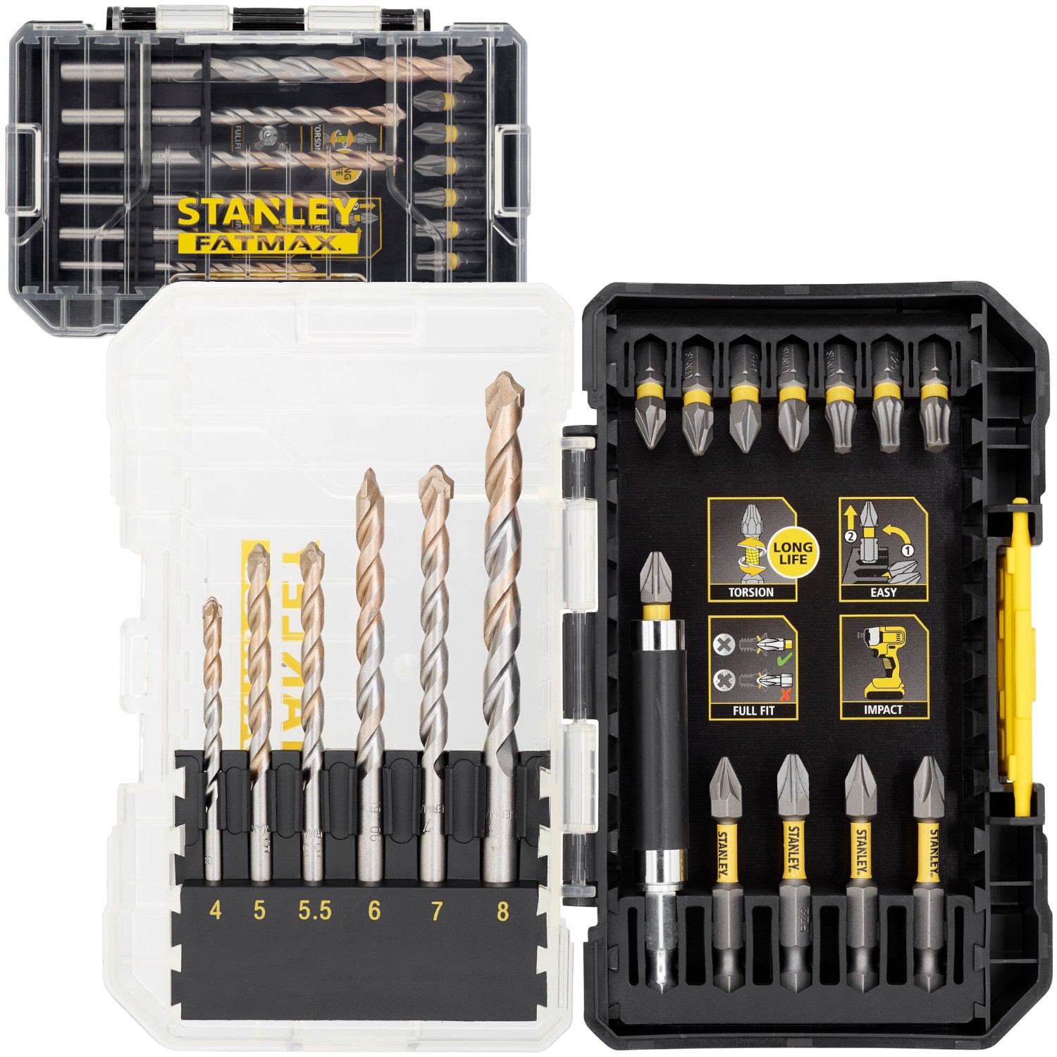 STANLEY STA88552 Zestaw wierteł do muru 4-8mm i bitów Ph, Pz, Torx 19el.