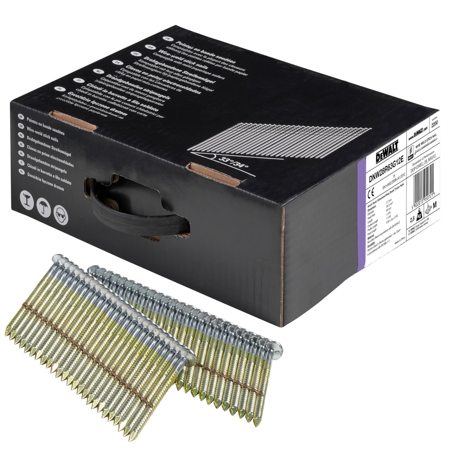 Gwoździe zgrzewane drutem pod kątem 33° x 63mm 2200szt. DEWALT DNW28R63G12E