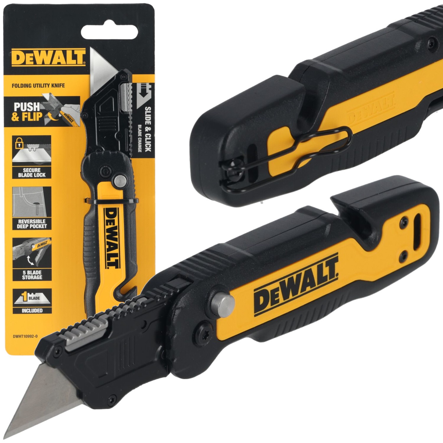 Nóż składany z ostrzem trapezowym Push&Flip ze schowkiem DeWALT DWHT10992-0