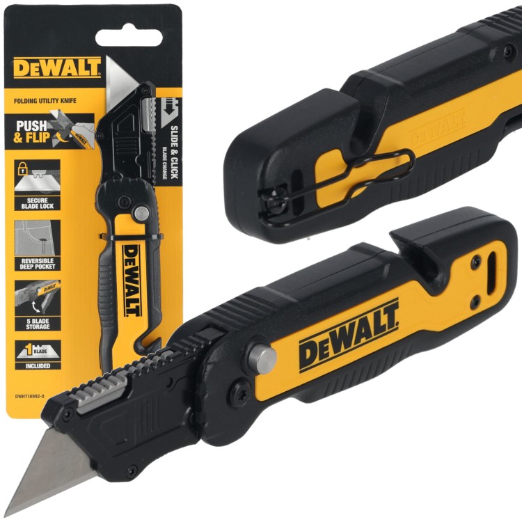 Nóż składany z ostrzem trapezowym Push&Flip ze schowkiem DeWALT DWHT10992-0