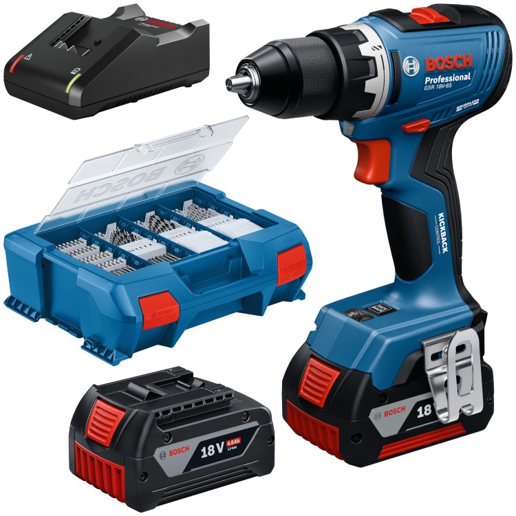 BOSCH GSR 18V-65 Wiertarko-wkrętarka 18V 63Nm 2x 4.0Ah osprzęt 82el.
