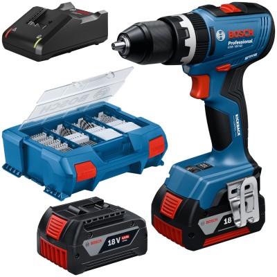 BOSCH GSB 18V-65 Wiertarko-wkrętarka udarowa 18V 65Nm 2x 4.0Ah osprzęt 82el.