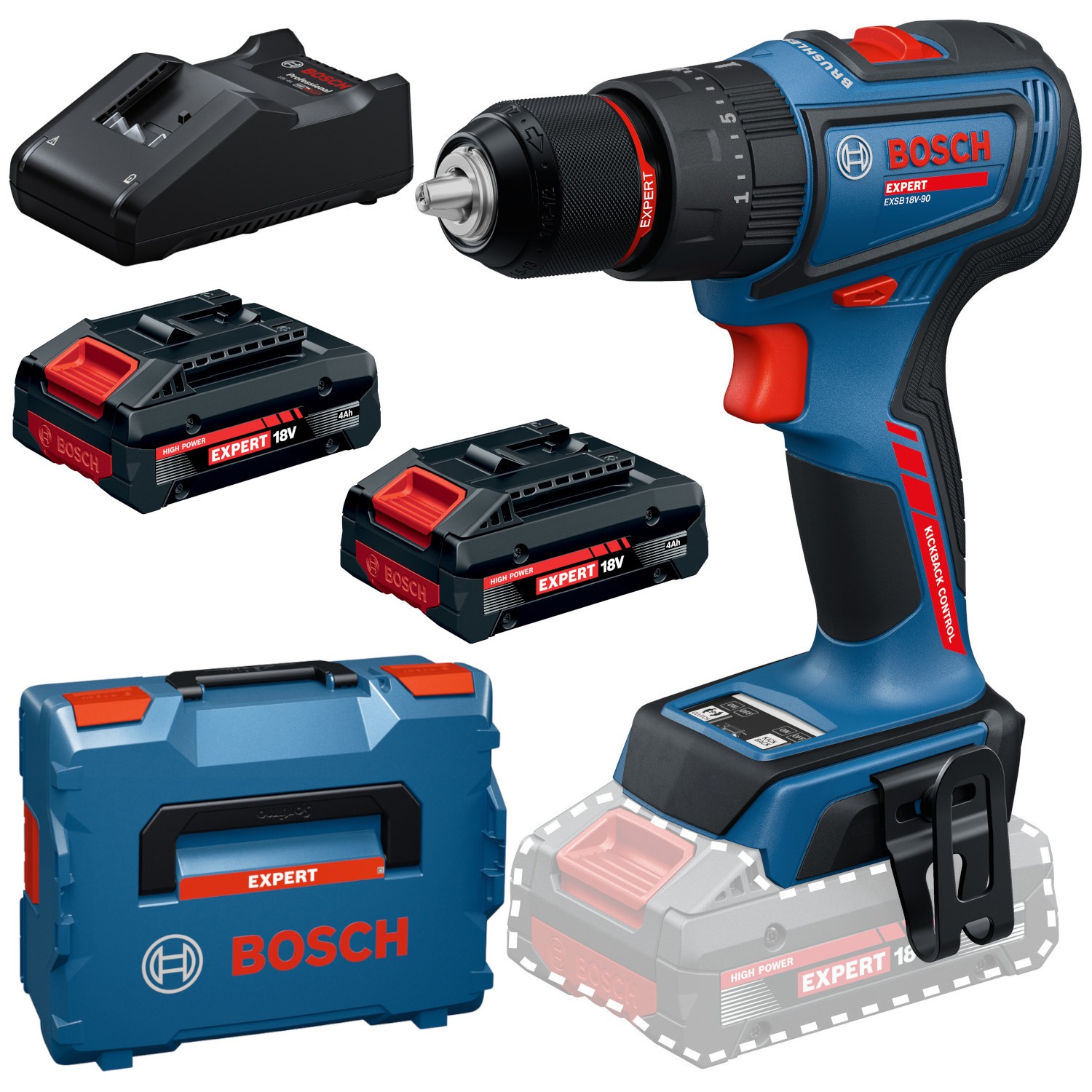 Akumulatorowa wiertarko-wkrętarka udarowa Bosch EXPERT EXSB18V-90 L-BOXX 136 2x4Ah Ładowarka