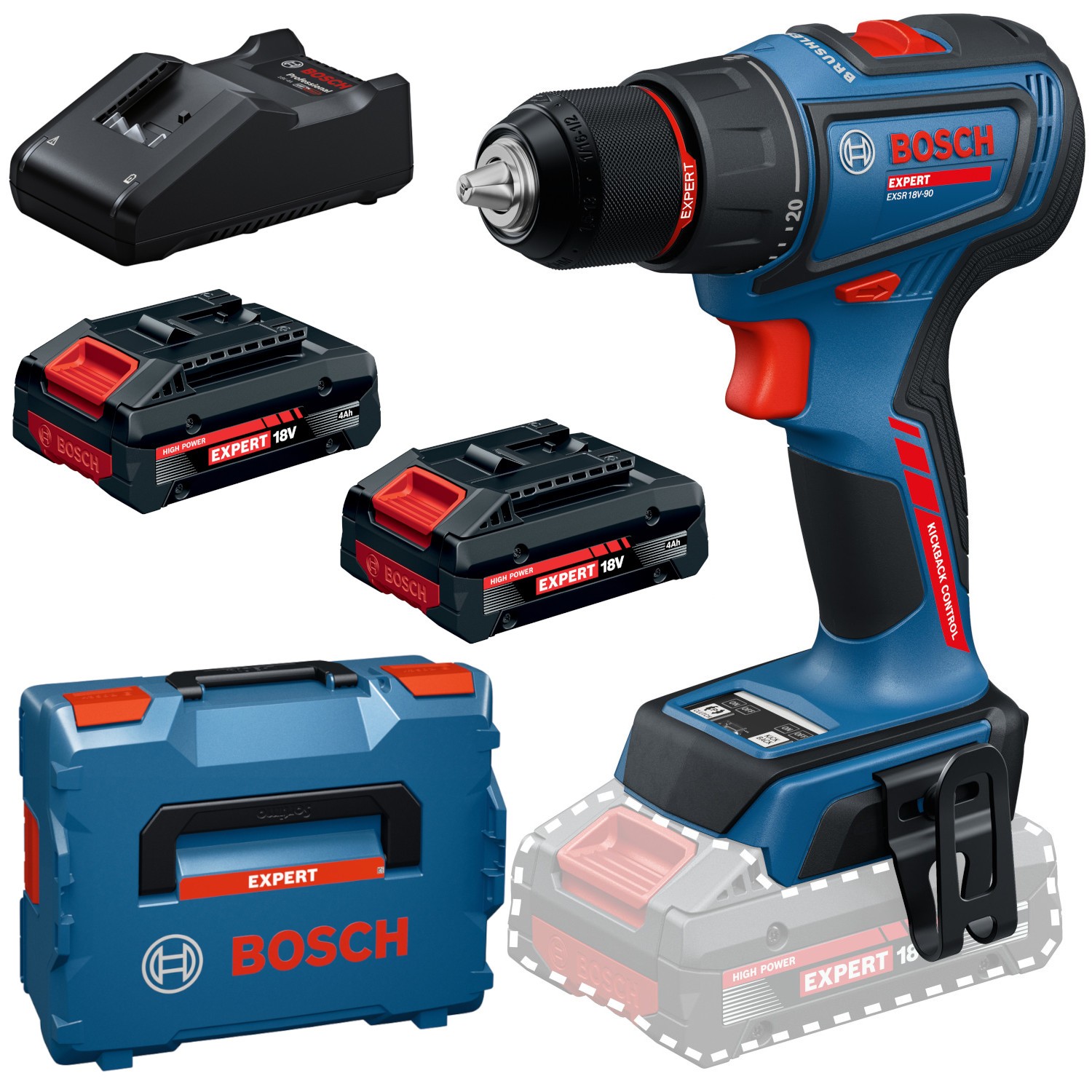 Wiertarko-wkrętarka akumulatorowa Bosch EXPERT EXSR18V-90 2x4Ah Ładowarka L-BOXX 136