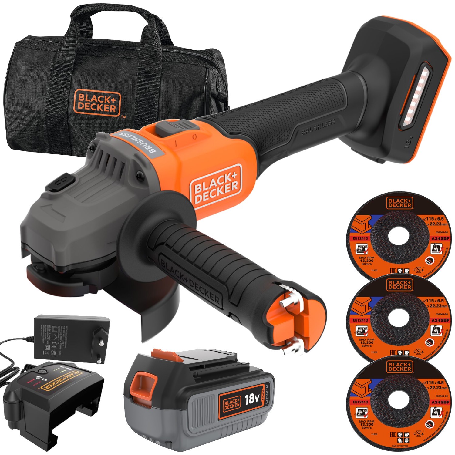 Szlifierka kątowa 115mm 18V 4,0Ah 3x tarcza, torba Black Decker BCG6L8F1S