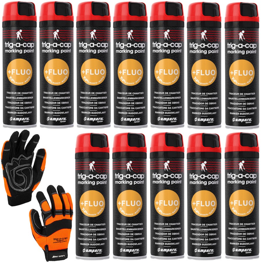 Farba AMPERE TRIG-A-CAP EXTRA Czerwona Fluo 12szt. + rękawice robocze