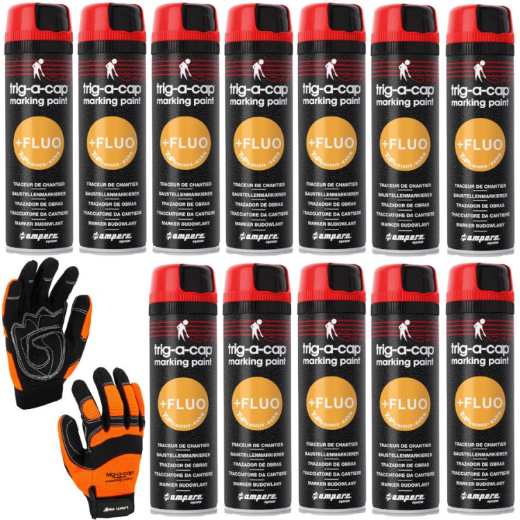 Farba AMPERE TRIG-A-CAP EXTRA Czerwona Fluo 12szt. + rękawice robocze