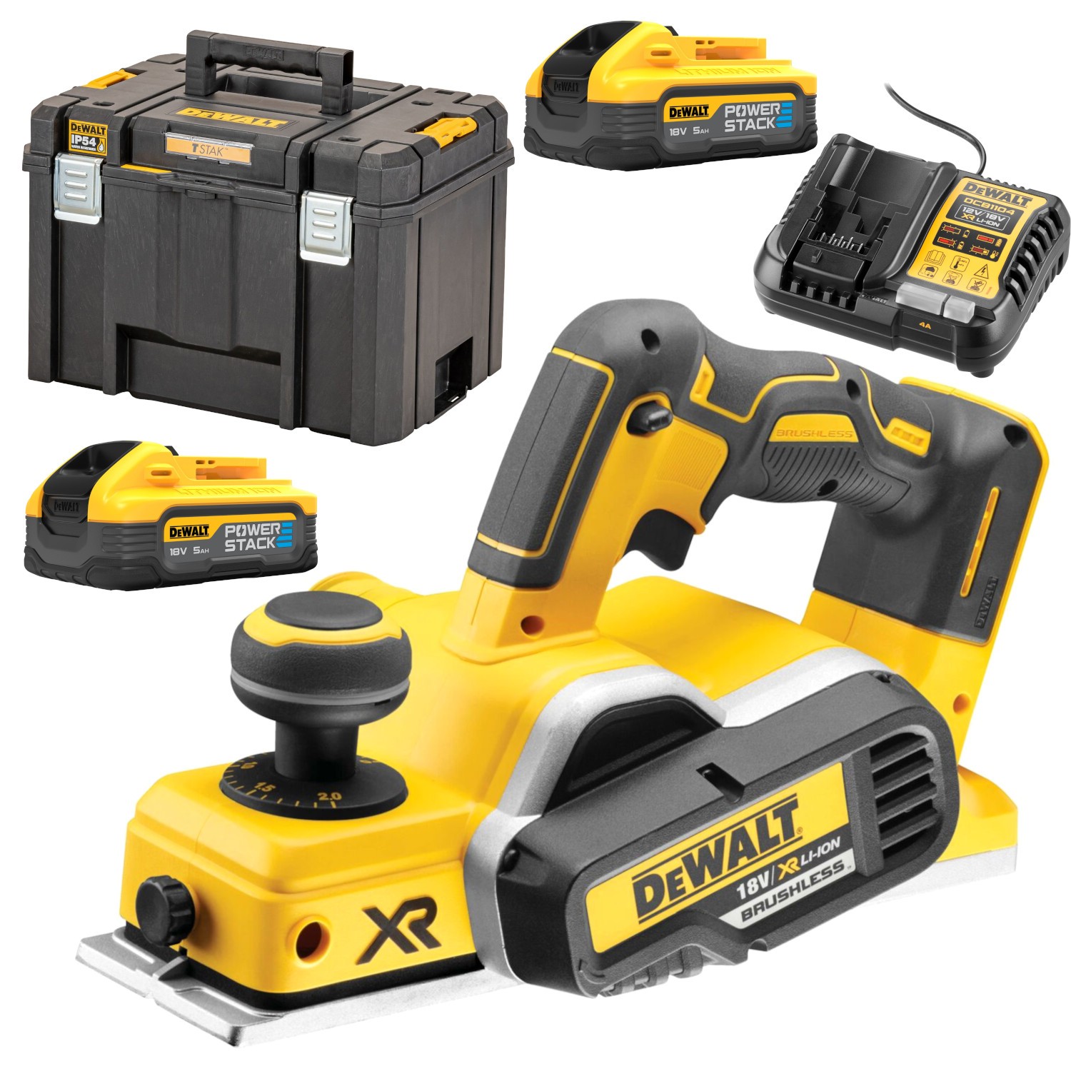 Strug akumulatorowy hebel 18V XR DeWALT DCP580N + TSTAK VI + 2x aku 5Ah PowerStack + ład