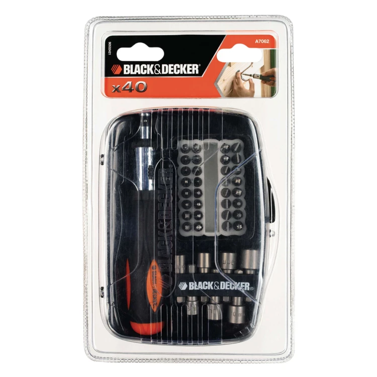 Zestaw bitów i nasadek z wkrętakiem z grzechotką 40szt. BLACK DECKER A7062 w opakowaniu