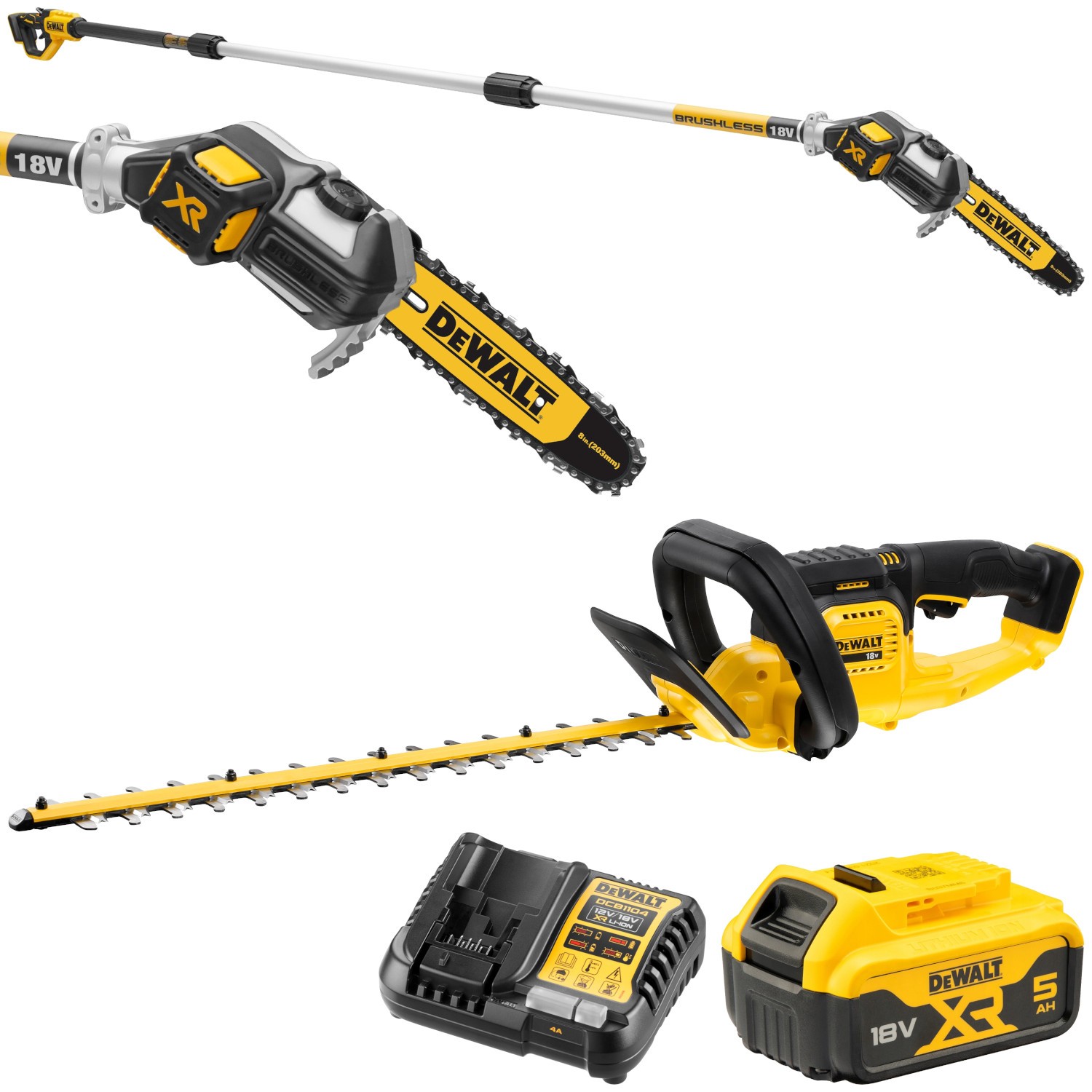 Nożyce do żywopłotu DCMHT563 + Piła łańcuchowa na wysięgniku DCMPS567 18V 1x 5,0Ah Dewalt