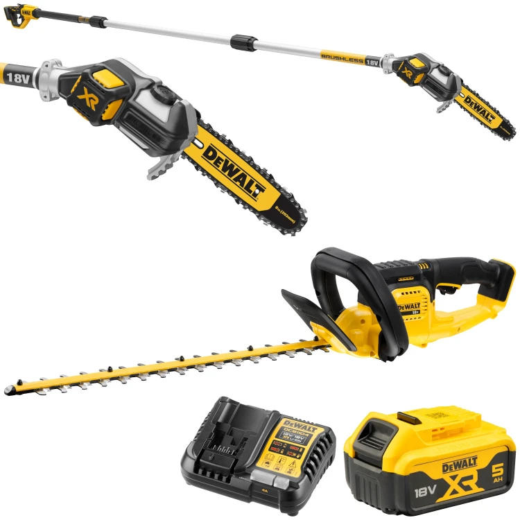 Nożyce do żywopłotu DCMHT563 + Piła łańcuchowa na wysięgniku DCMPS567 18V 1x 5,0Ah Dewalt