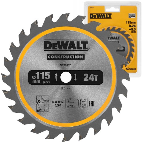 DEWALT DT20420 Piła tarczowa do drewna z gwoździami 115x9,5mm 24z