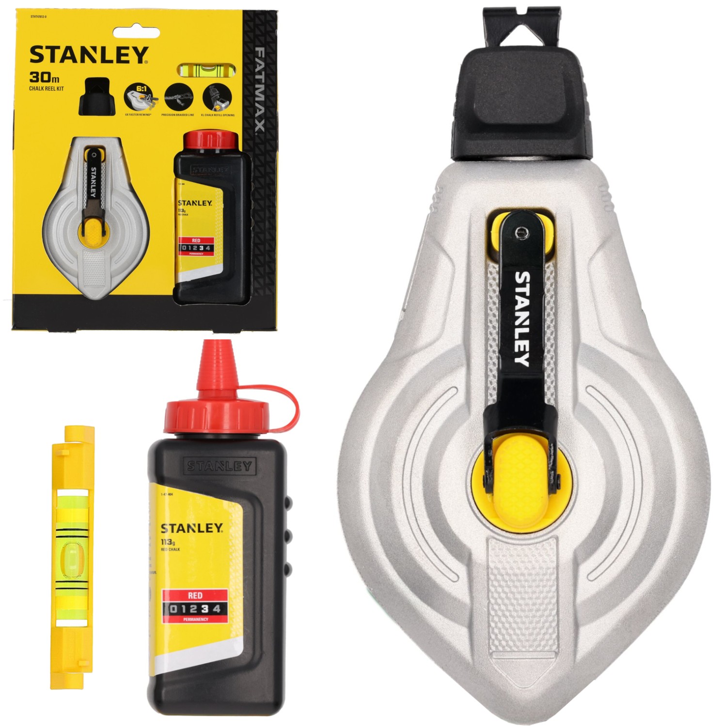 Zestaw aluminiowy sznur traserski 6:1 30m z czerwoną kredą i poziomicą Stanley STHT47612-0