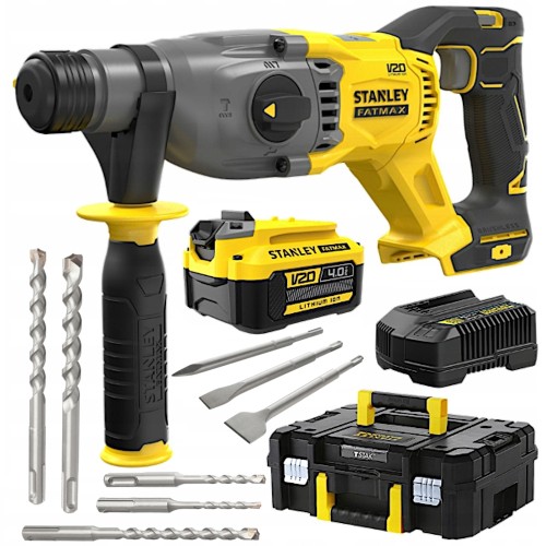 Młotowiertarka udarowa 18V V20 4Ah Stanley SFMCH900 w walizce + zestaw dłut i wierteł