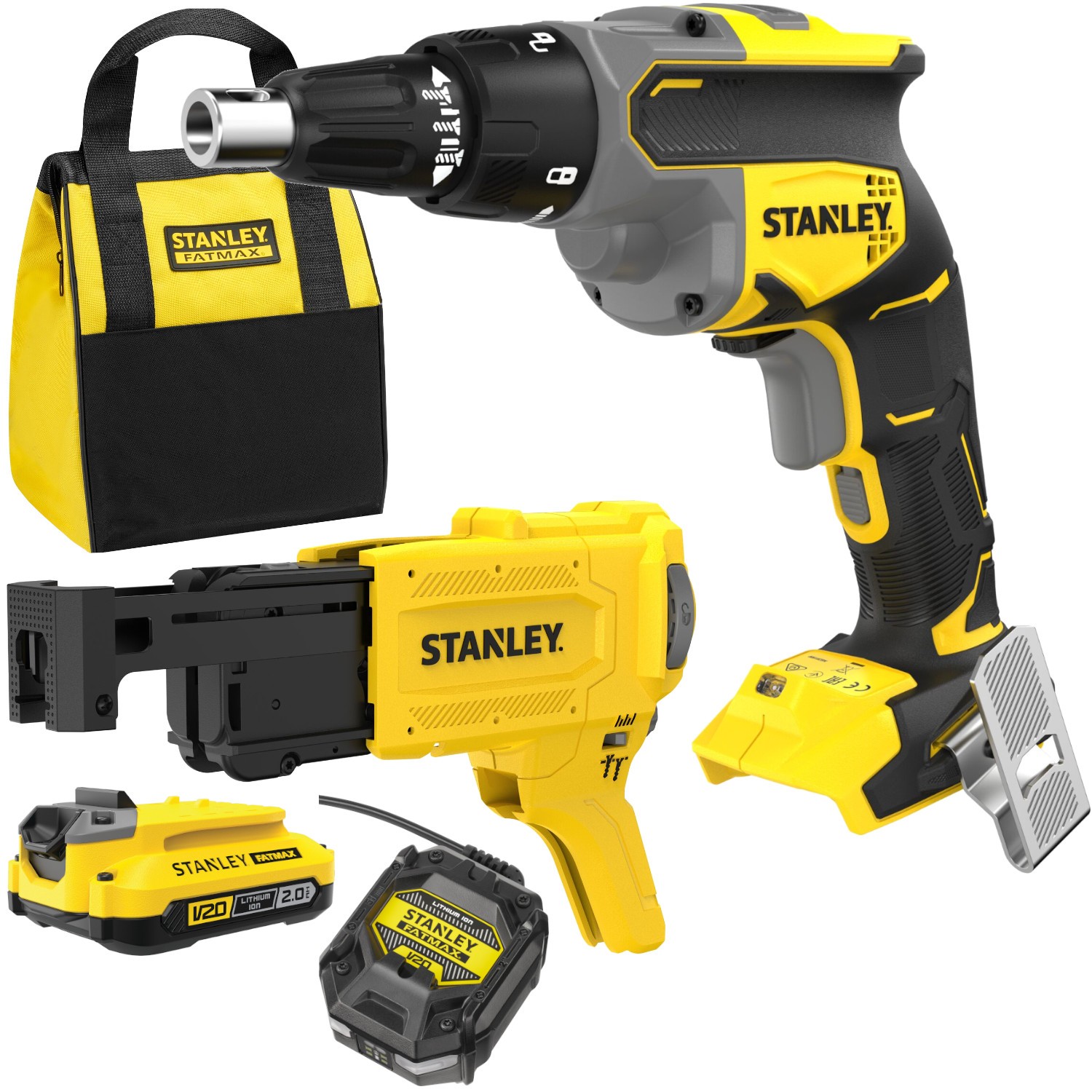 Wkrętarka do płyt g-k 18V 2Ah Stanley V20 SFMCF600D1S + Podajnik SFMCF6001