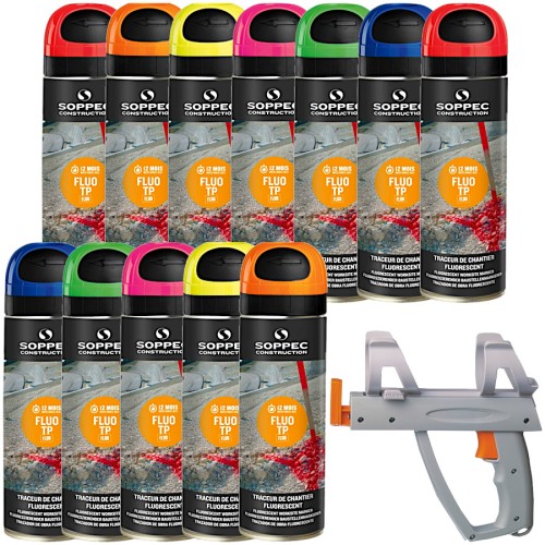 Farba geodezyjna w sprayu SOPPEC Fluo TP 12szt. miks + Pistolet do farb